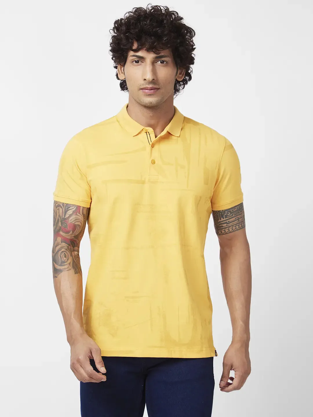 Spykar Men Amber Yellow Blended Slim Fit Half Sleeve Polo Neck Plain Tshirt