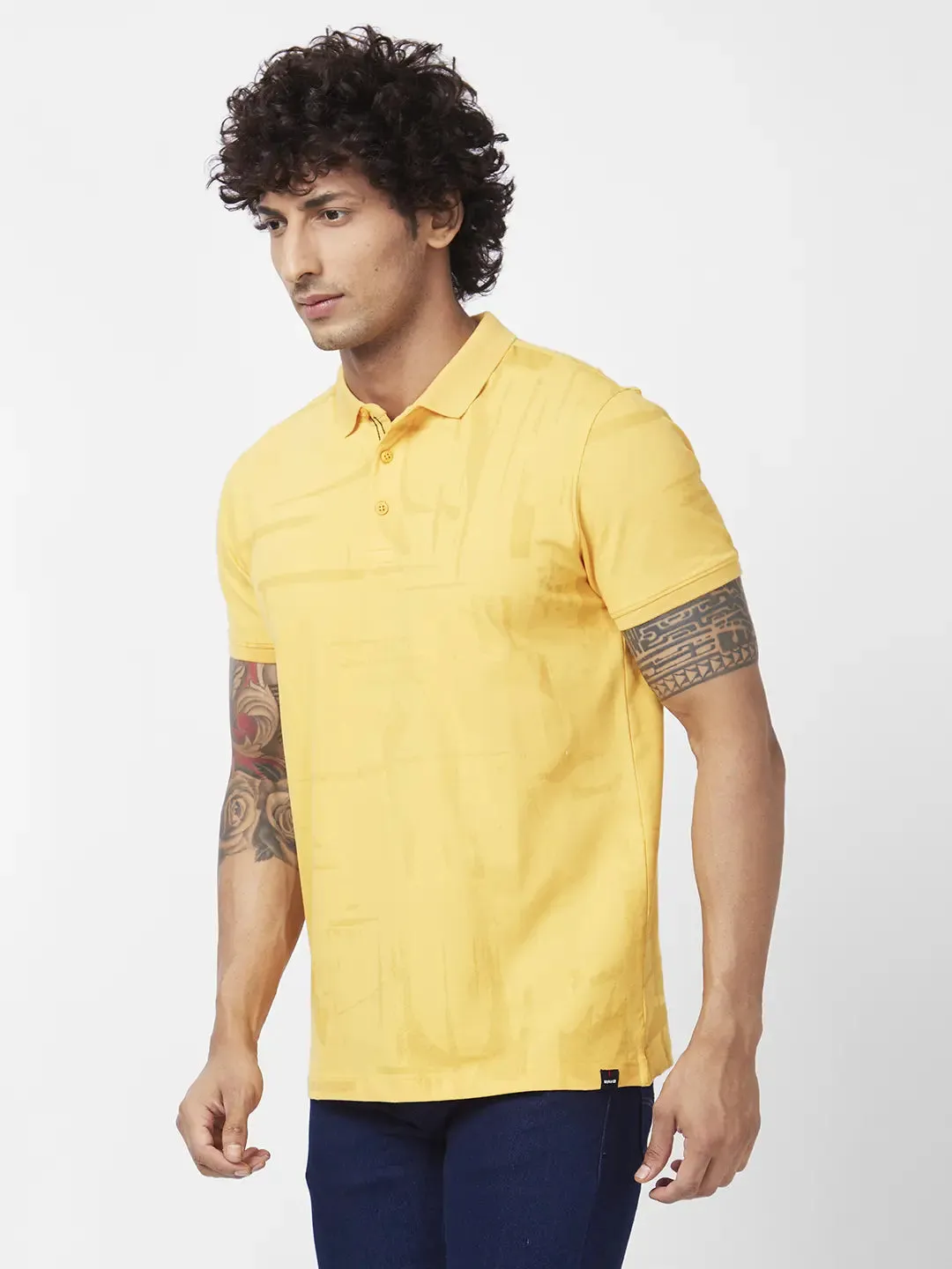 Spykar Men Amber Yellow Blended Slim Fit Half Sleeve Polo Neck Plain Tshirt