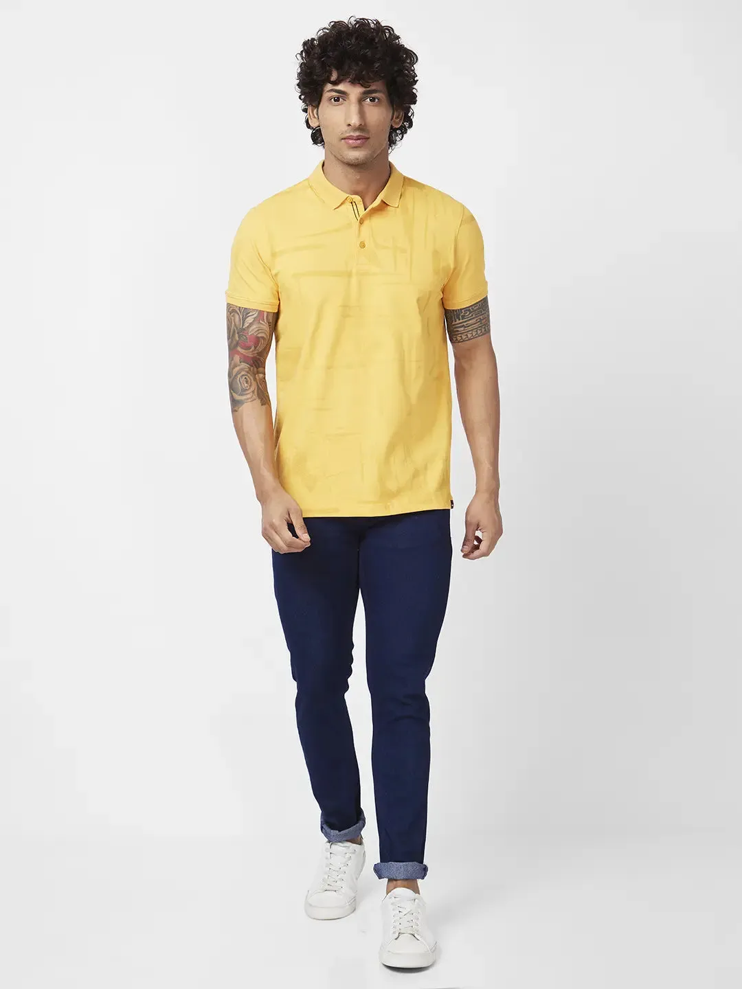 Spykar Men Amber Yellow Blended Slim Fit Half Sleeve Polo Neck Plain Tshirt