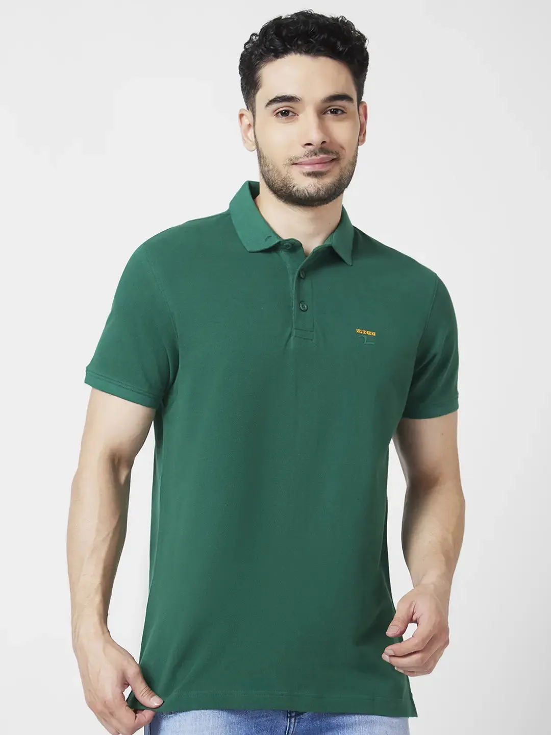 Spykar Men Dark Green Cotton Slim Fit Half Sleeve Polo Neck Plain Tshirt