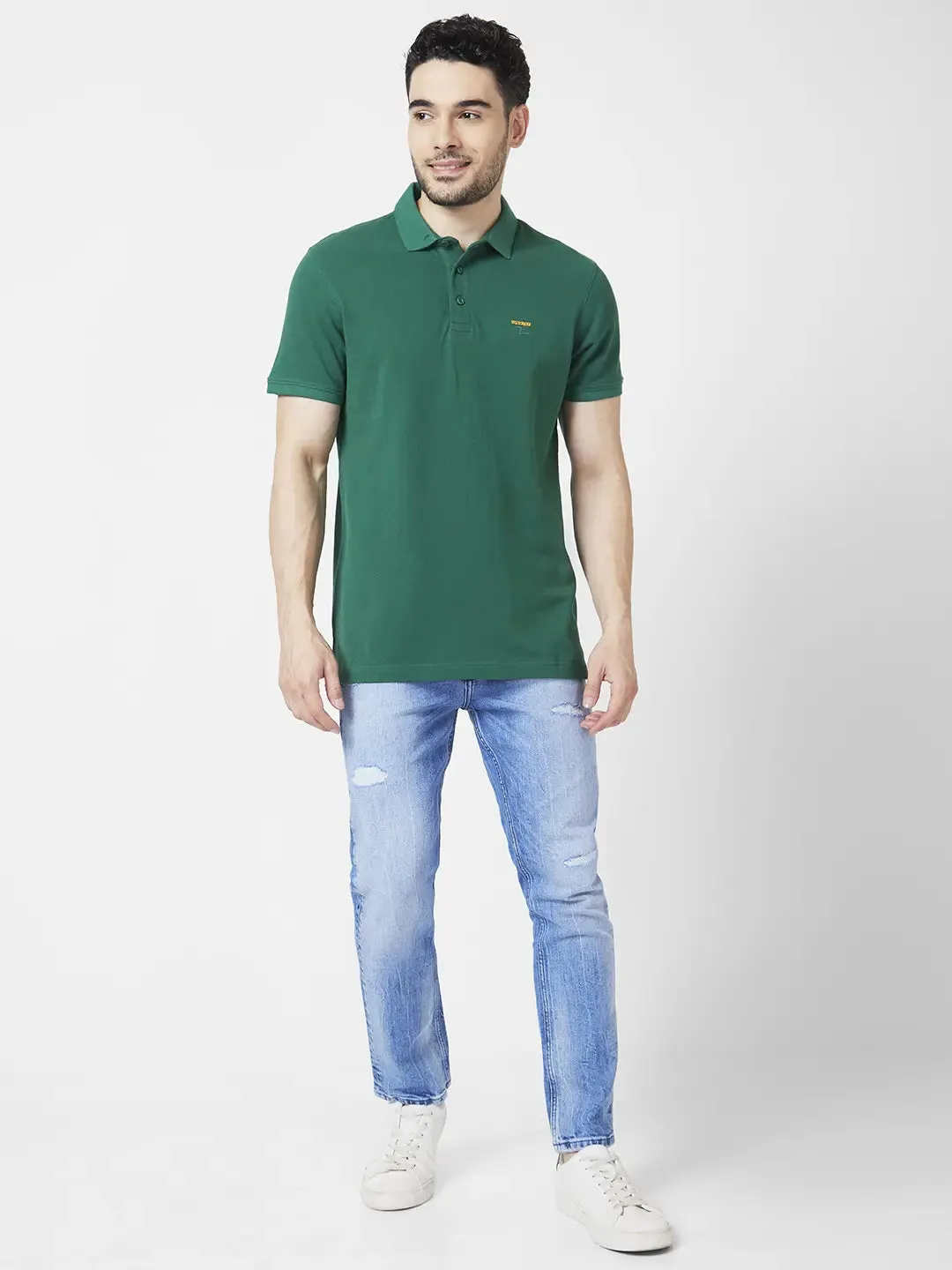 Spykar Men Dark Green Cotton Slim Fit Half Sleeve Polo Neck Plain Tshirt