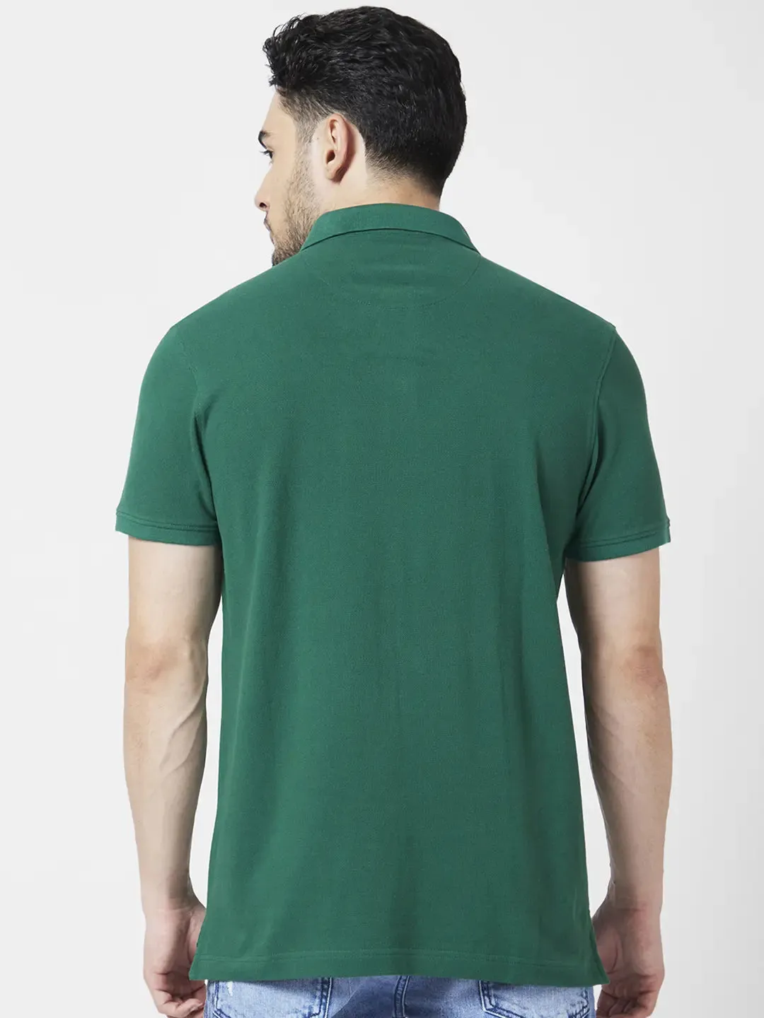 Spykar Men Dark Green Cotton Slim Fit Half Sleeve Polo Neck Plain Tshirt