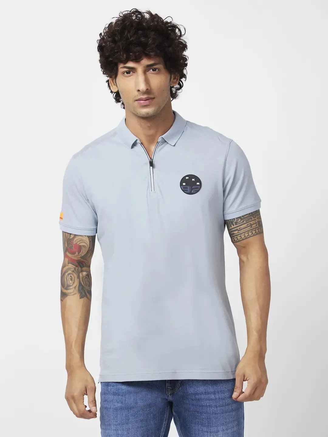 Spykar Men Grey Blended Slim Fit Half Sleeve Polo Neck Plain Tshirt