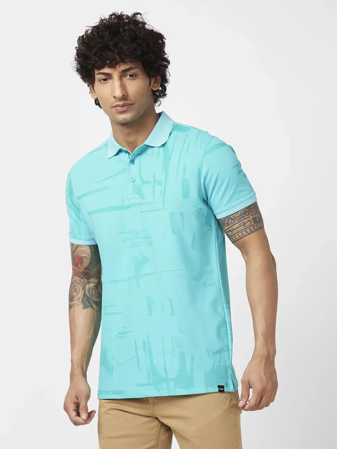 Spykar Men Sporty Green Blended Slim Fit Half Sleeve Polo Neck Plain Tshirt