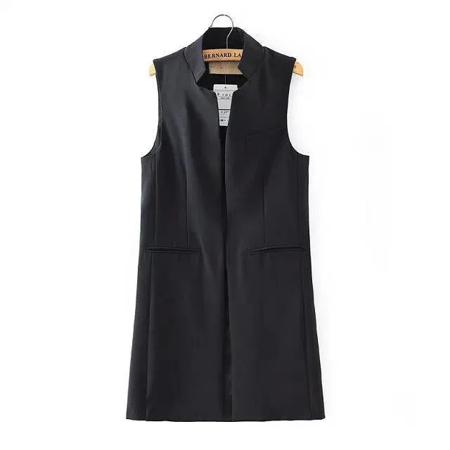 Stylish women coat stand collar long suit vest black white dark blue with two pockets