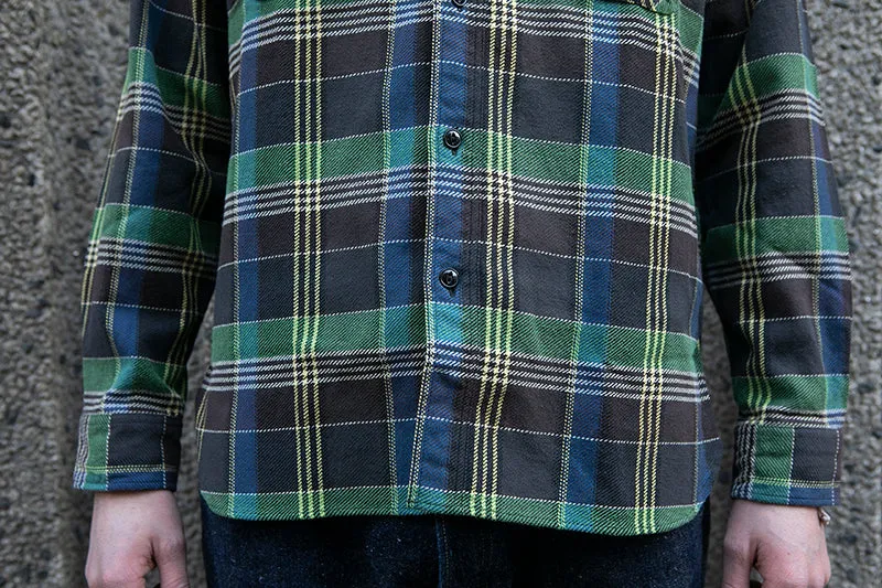 Sugar Cane L/S Twill Check Flannel Shirt - Green