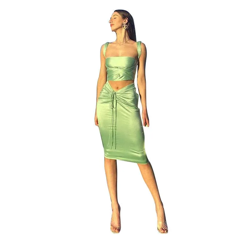 Tank Crop Top Bodycon Tie Skirts Set 2 Piece Midi Dress Outfits