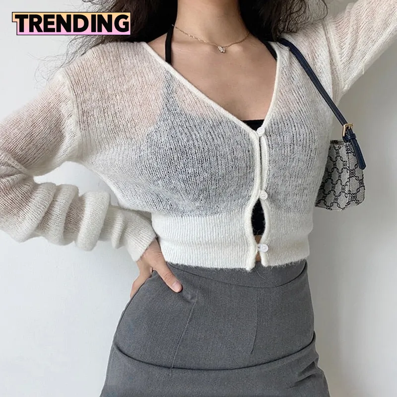 Trendy Cropped Long Sleeve Knitted Cardigan Sweater