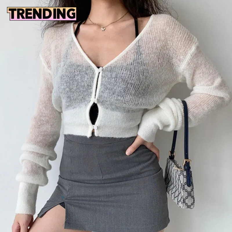 Trendy Cropped Long Sleeve Knitted Cardigan Sweater