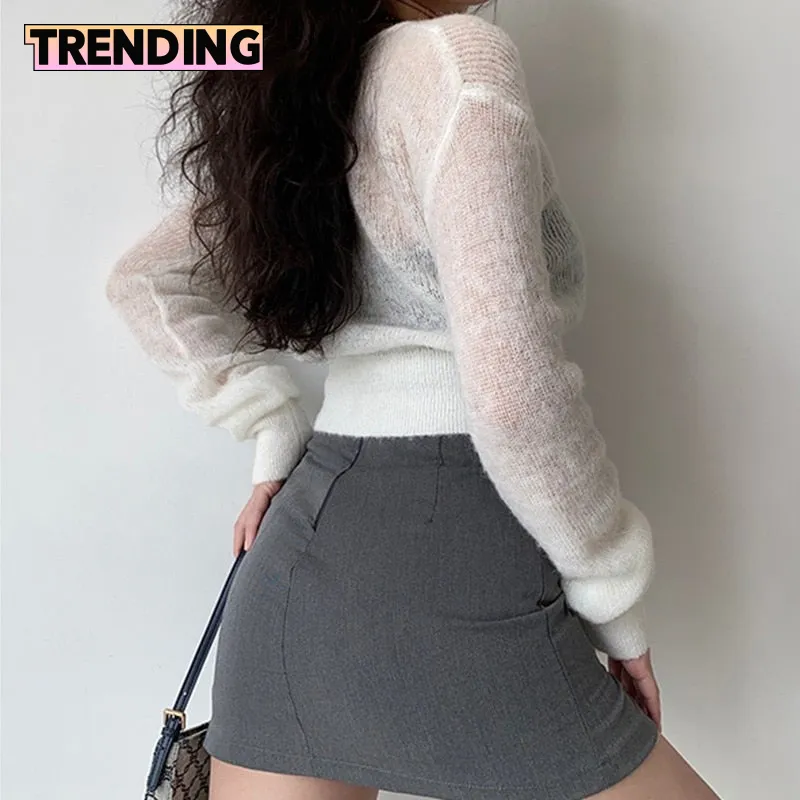 Trendy Cropped Long Sleeve Knitted Cardigan Sweater