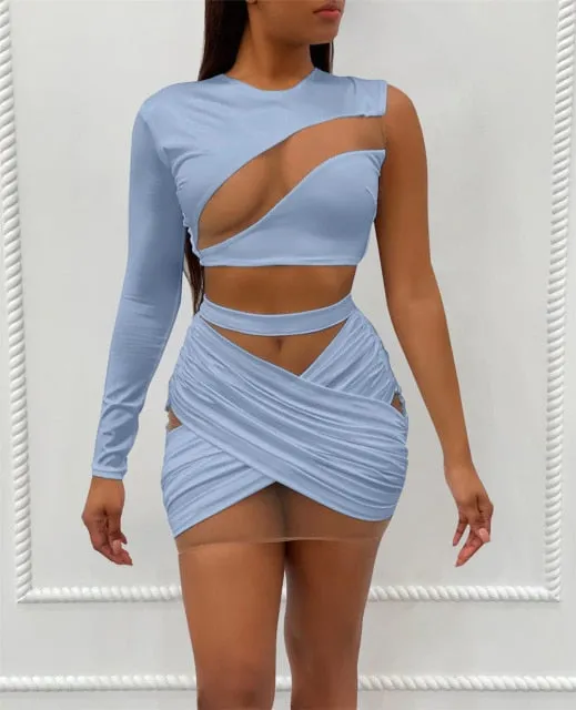 Trendy Mesh Shoulder Crop Top and Bandage Skirt Set