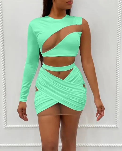 Trendy Mesh Shoulder Crop Top and Bandage Skirt Set