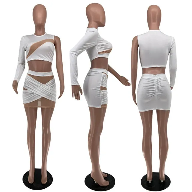 Trendy Mesh Shoulder Crop Top and Bandage Skirt Set