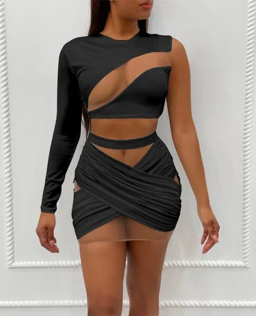 Trendy Mesh Shoulder Crop Top and Bandage Skirt Set