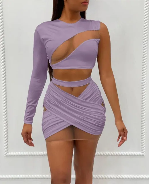 Trendy Mesh Shoulder Crop Top and Bandage Skirt Set