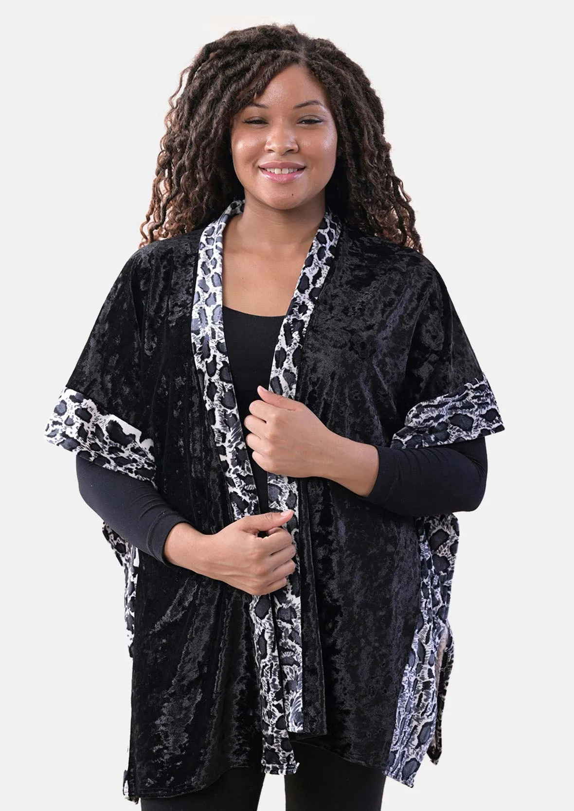 Velvet Kimono With Leopard Print Border