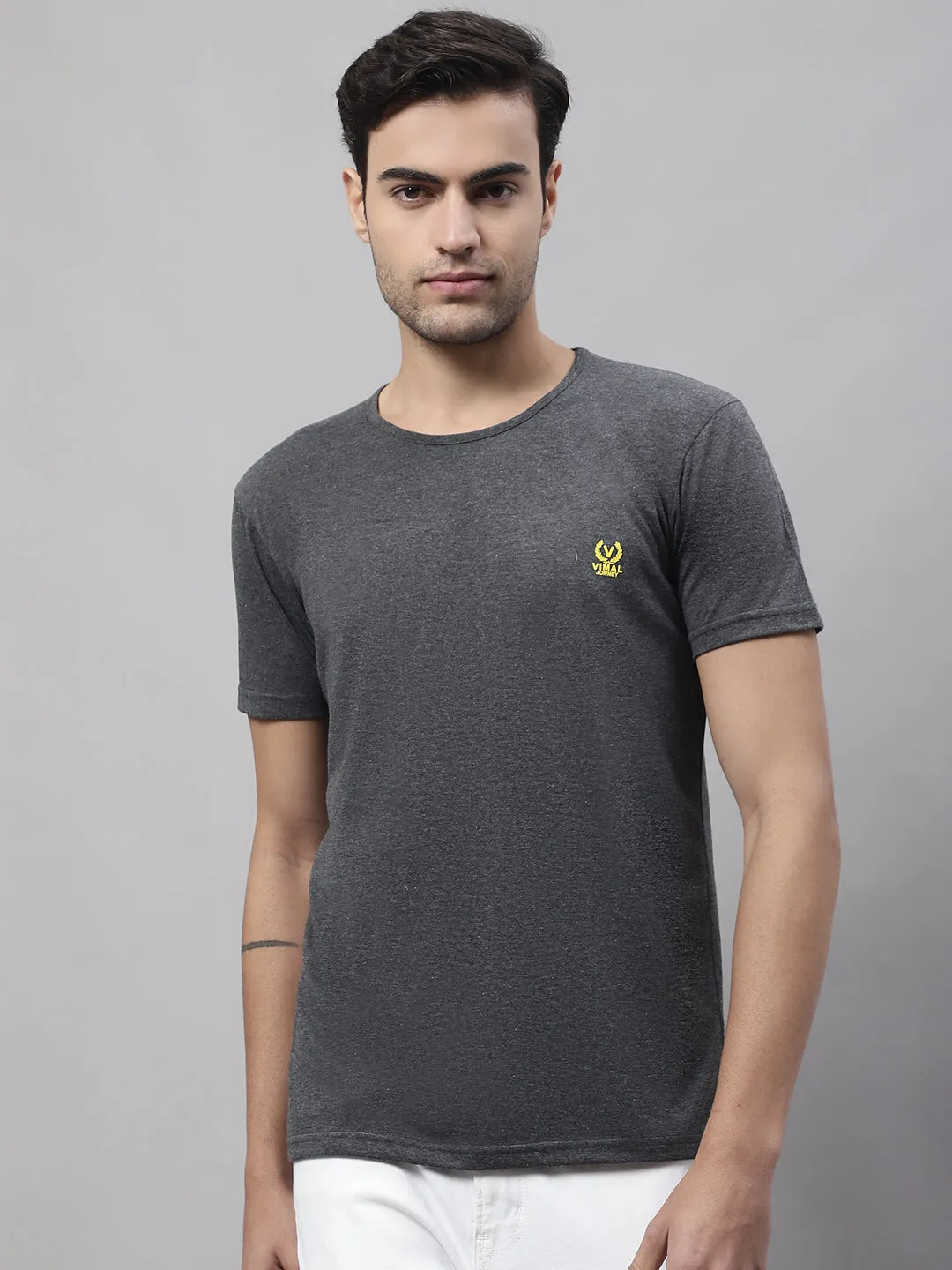 Vimal Jonney Round Neck Cotton Solid Anthracite T-Shirt for Men