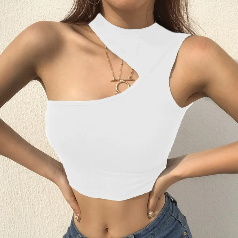 White Crop Top Shirt Sexy Hollow Out Sleeveless Tank