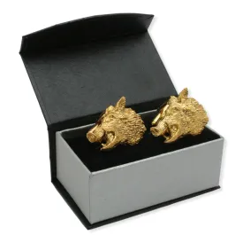 Wild Boar Head Gold Plated Cufflinks With Gift Box