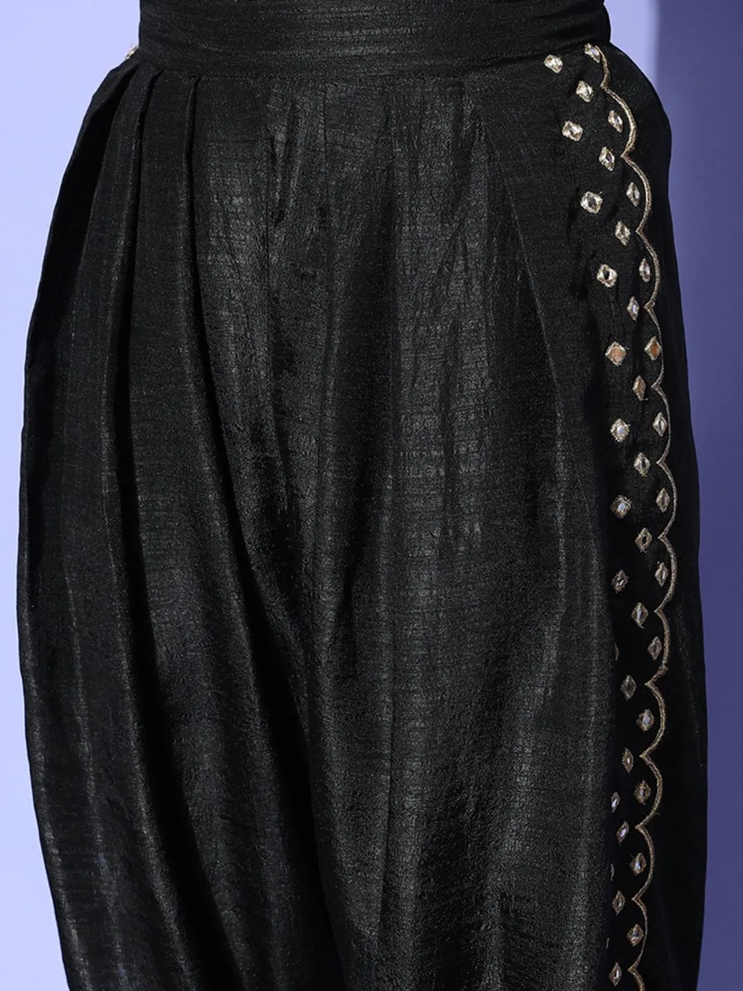 Women Black Mirror Embroidered Top With Dhoti Pants