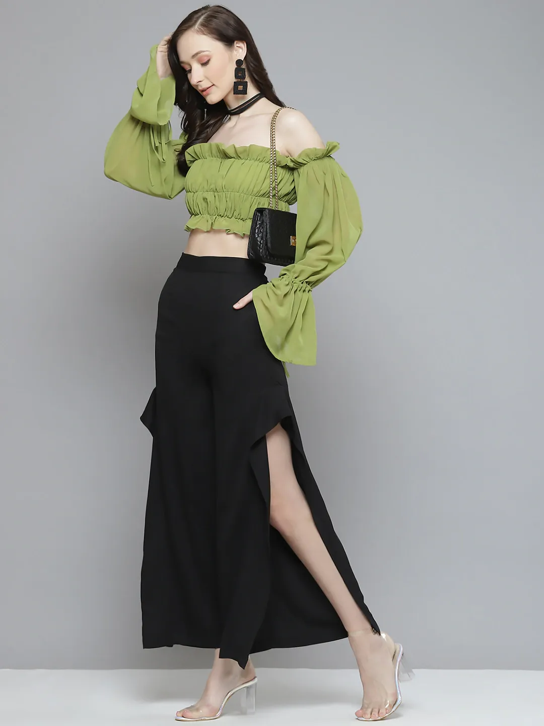 Women Black Side Slit Ruffled Wide Leg Pants