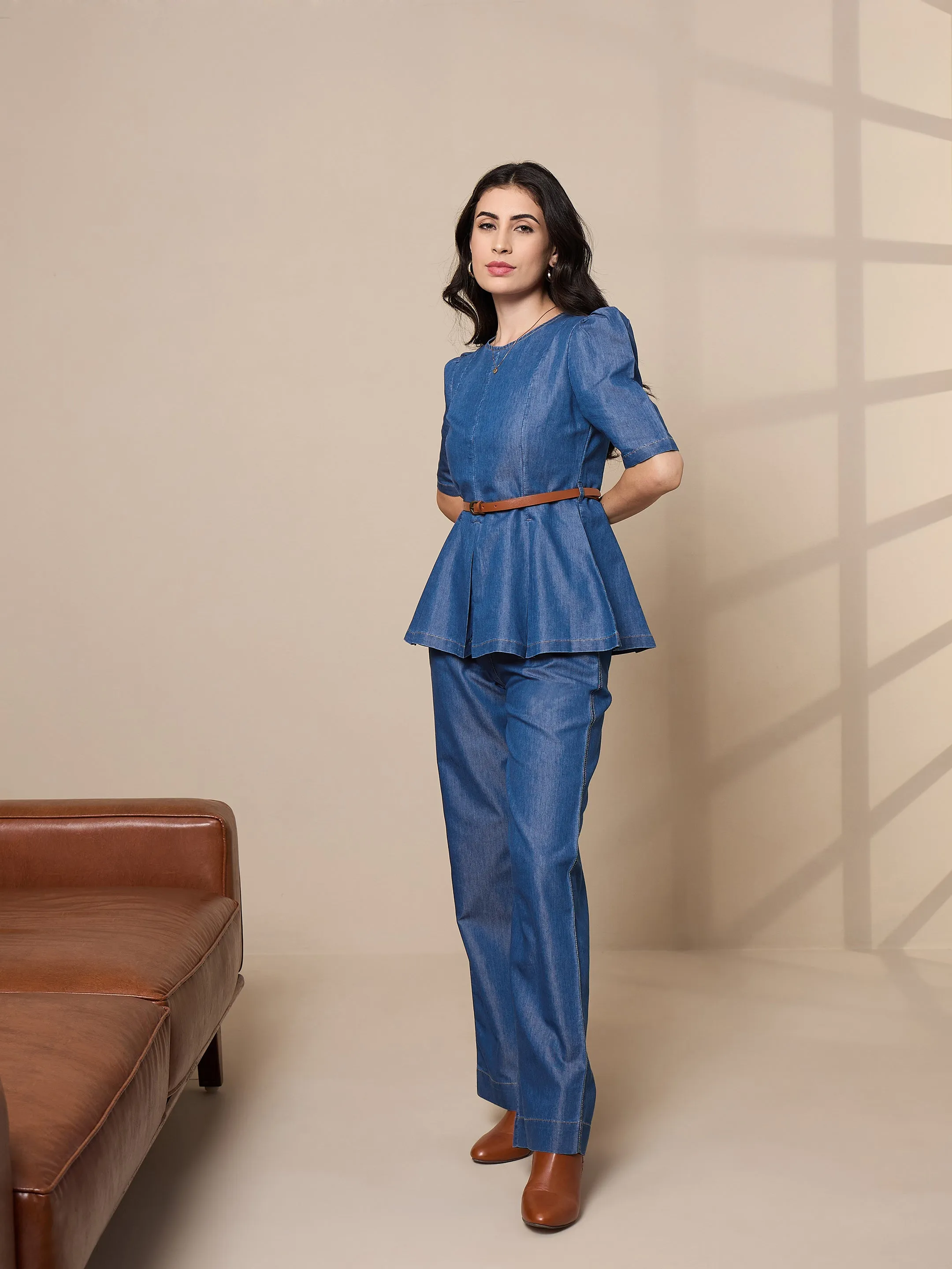 Women Blue Tencel Peplum Top With Straight Pants