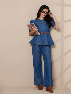 Women Blue Tencel Peplum Top With Straight Pants