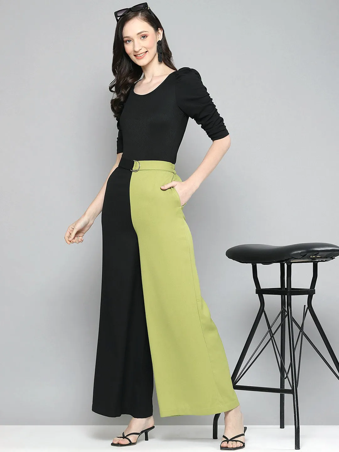 Women Green & Black Colourblock Belted Wide Leg Pants