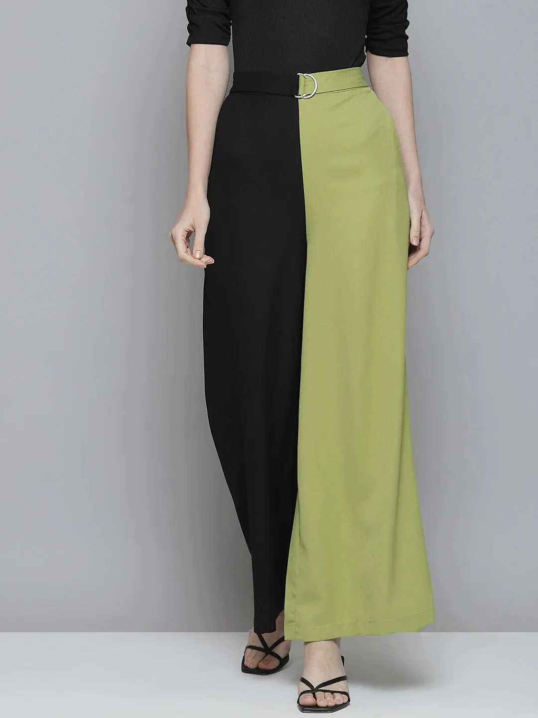 Women Green & Black Colourblock Belted Wide Leg Pants