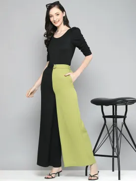 Women Green & Black Colourblock Belted Wide Leg Pants