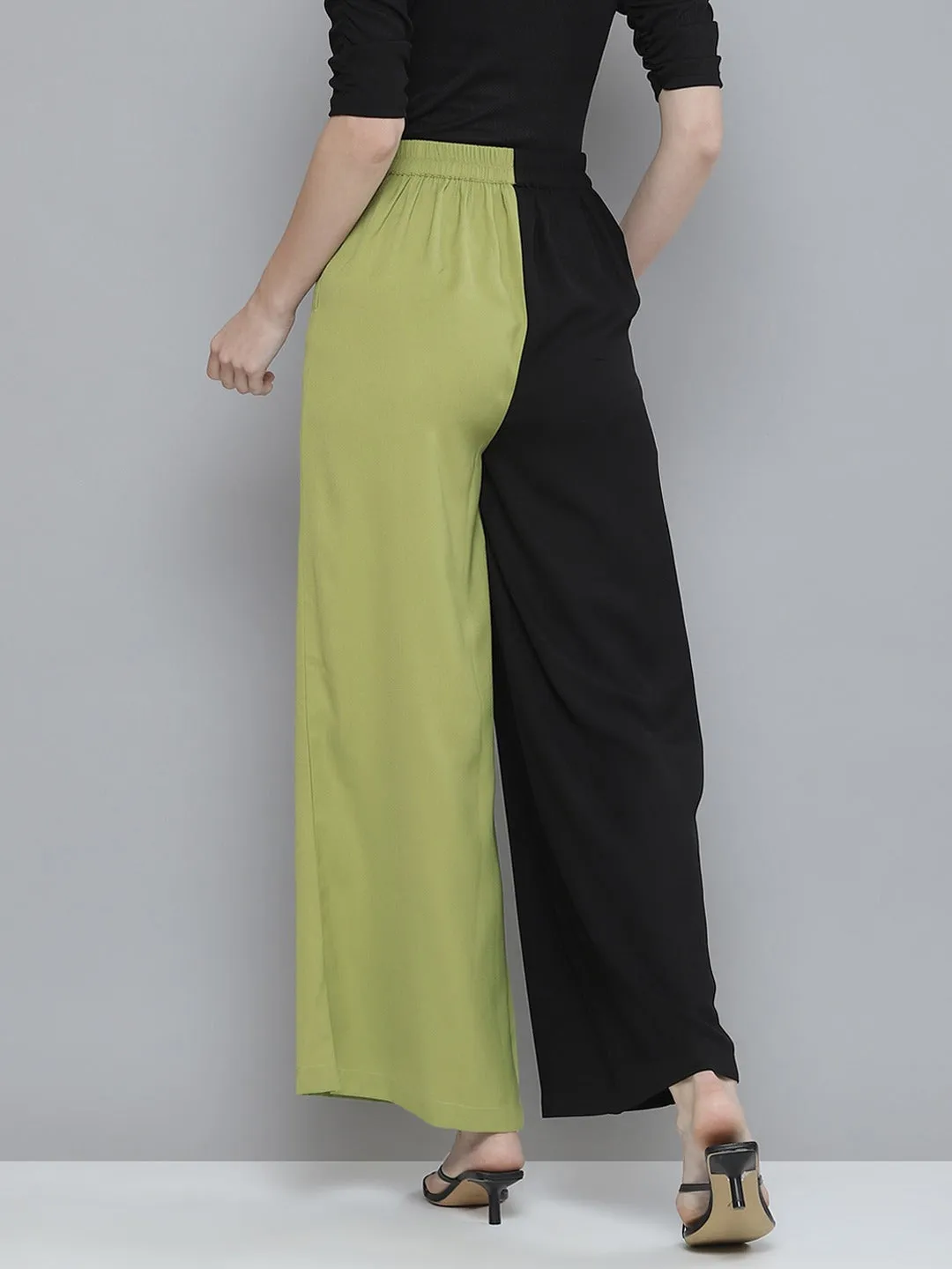 Women Green & Black Colourblock Belted Wide Leg Pants