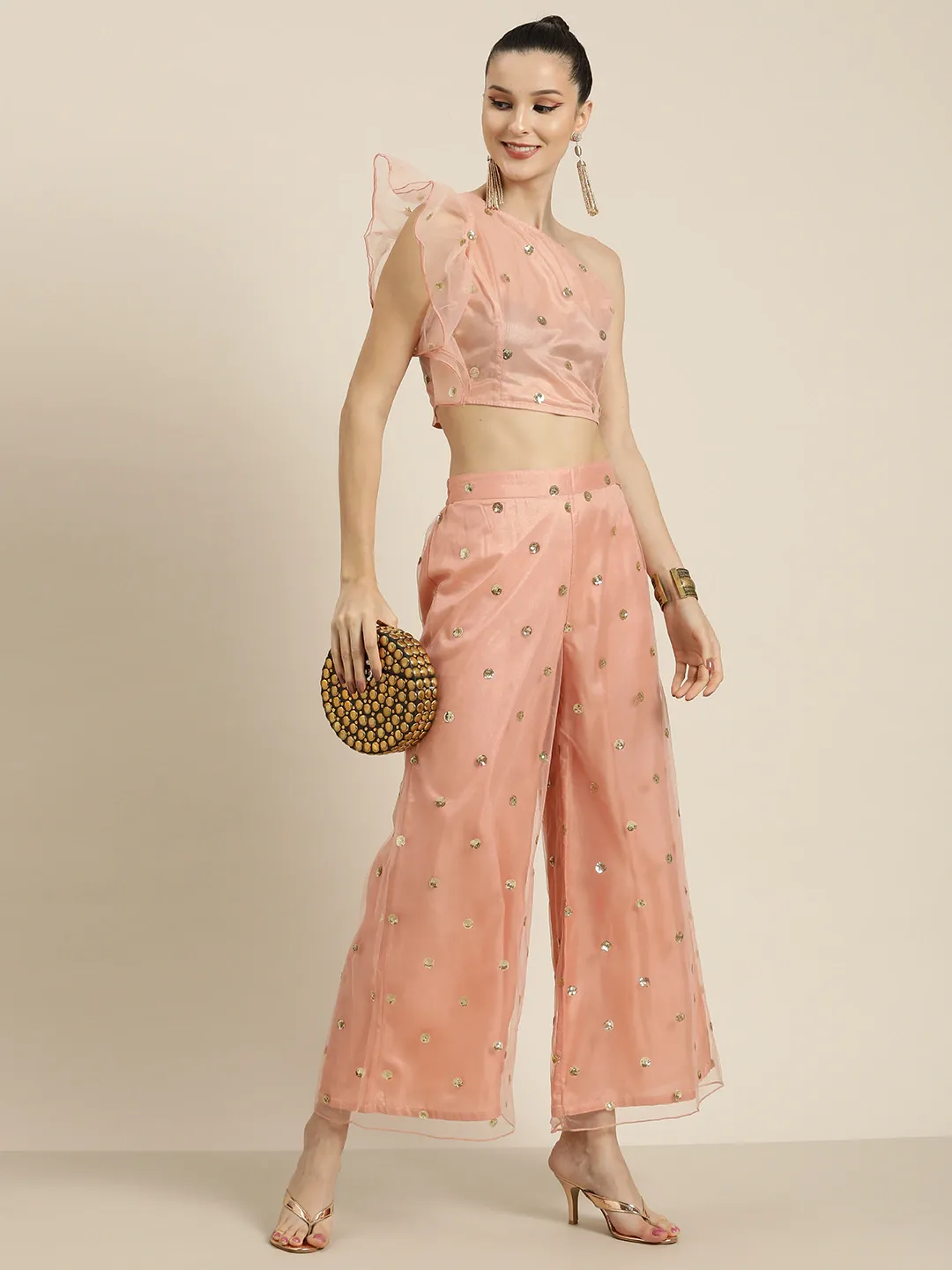 Women Peach Tulle Sequins Flared Pants