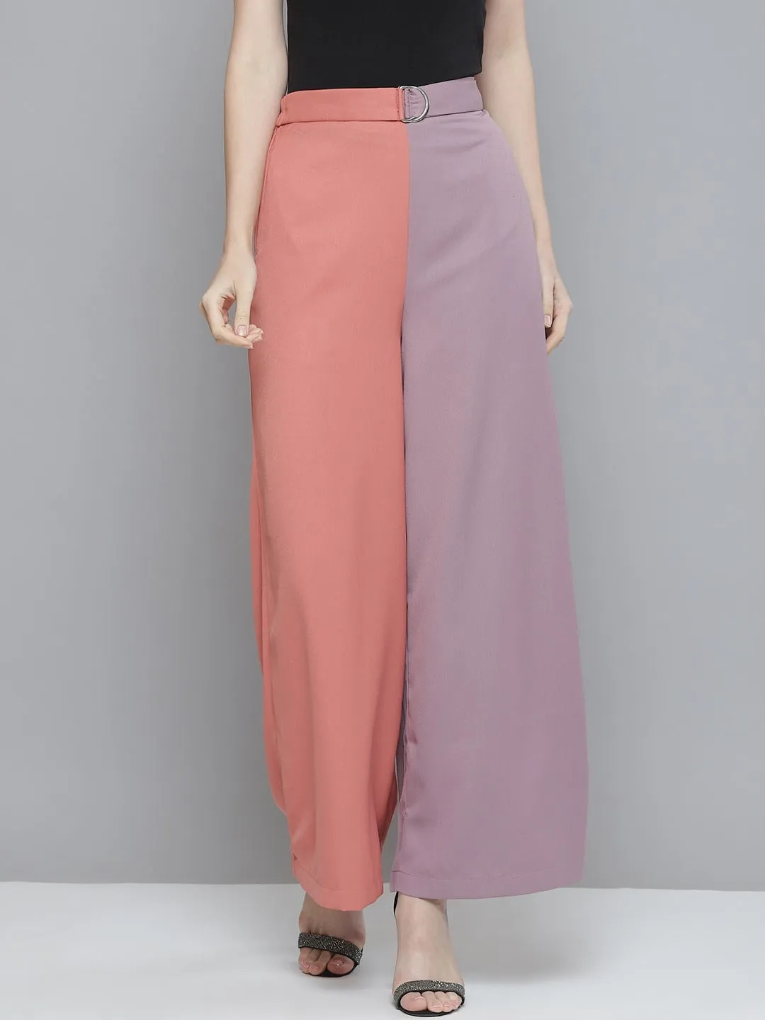 Women Pink & Lavender Colourblock Belted Wide Leg Pants