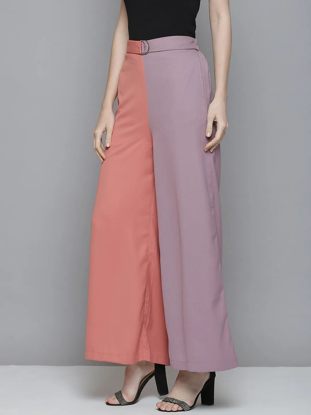 Women Pink & Lavender Colourblock Belted Wide Leg Pants