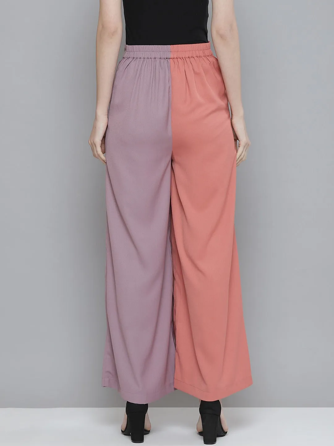 Women Pink & Lavender Colourblock Belted Wide Leg Pants