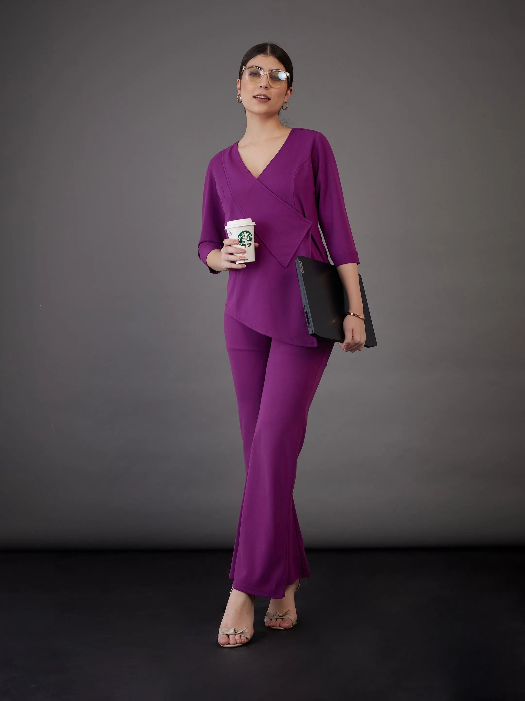 Women Purple Knitted Bell Bottom Pants