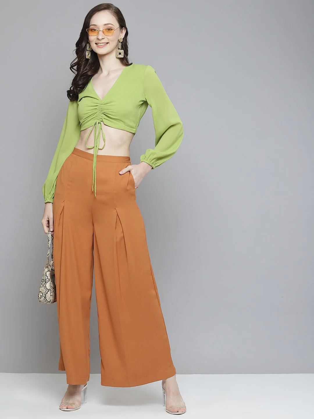 Women Rust Front Pleats Wide Leg Pants